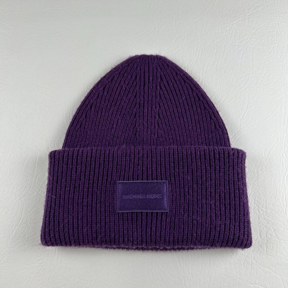Michael Kors Purple Cuffed Beanie Women’s Wool Blend Ribbed Knit Logo Hat